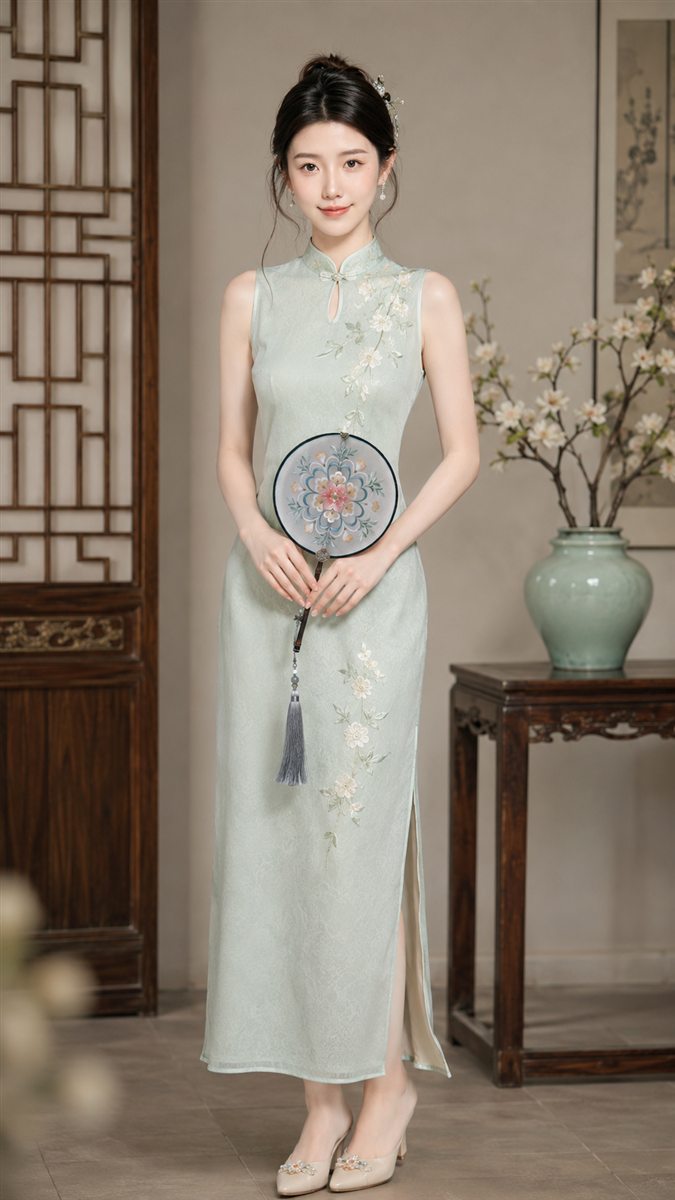 Model presenting a pale blue embroidery gift product