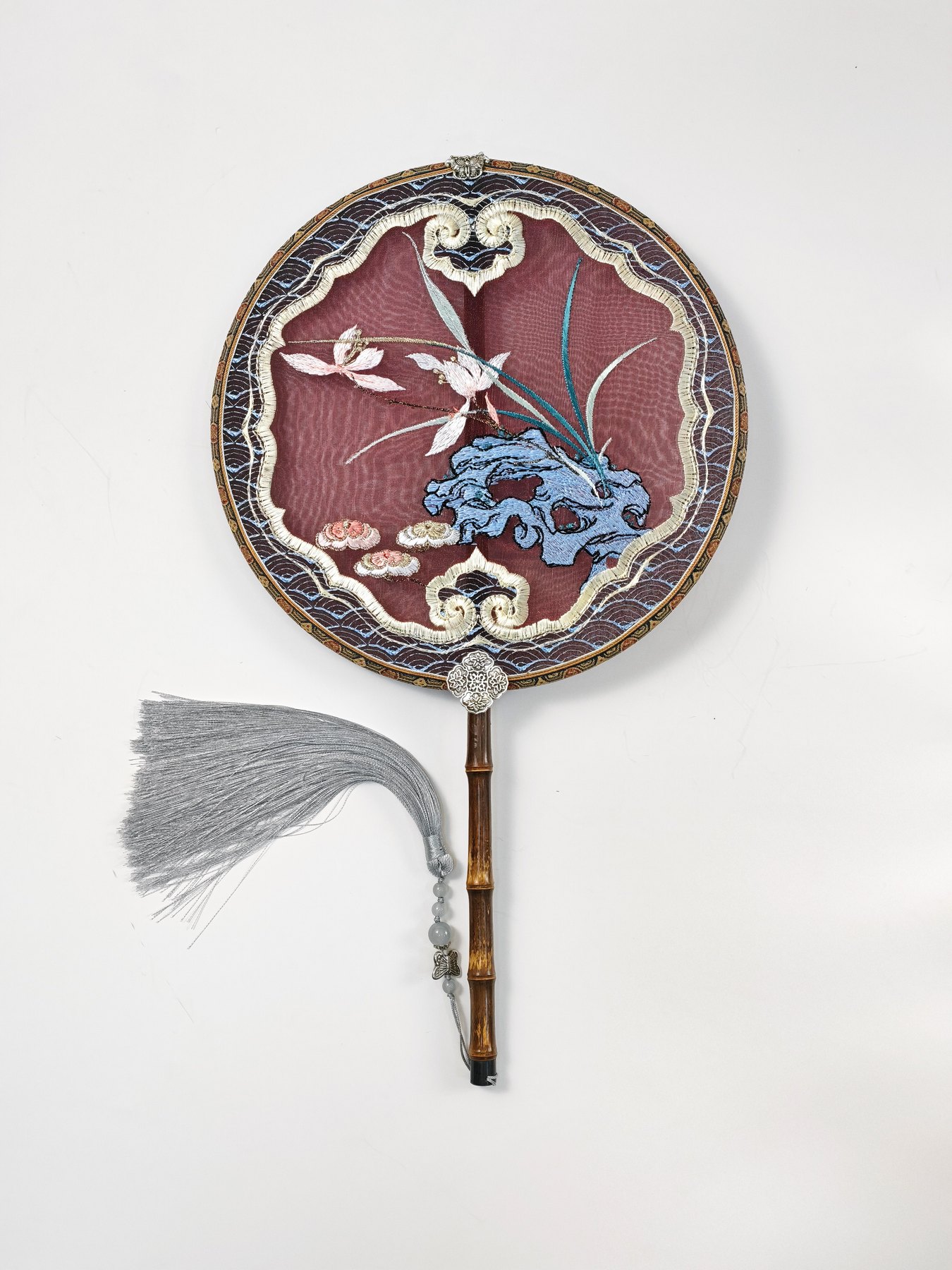 YIPIN Fine Fan | YPLS-010 | Lingzhi Orchid and Scholar Rock Fan detail 6