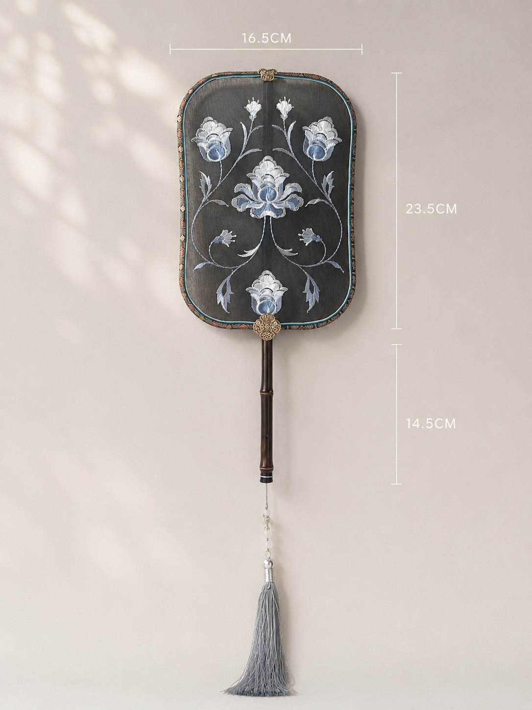 YIPIN Fine Fan | YPLS-021 | Three-Blue Embroidery Fan detail 2